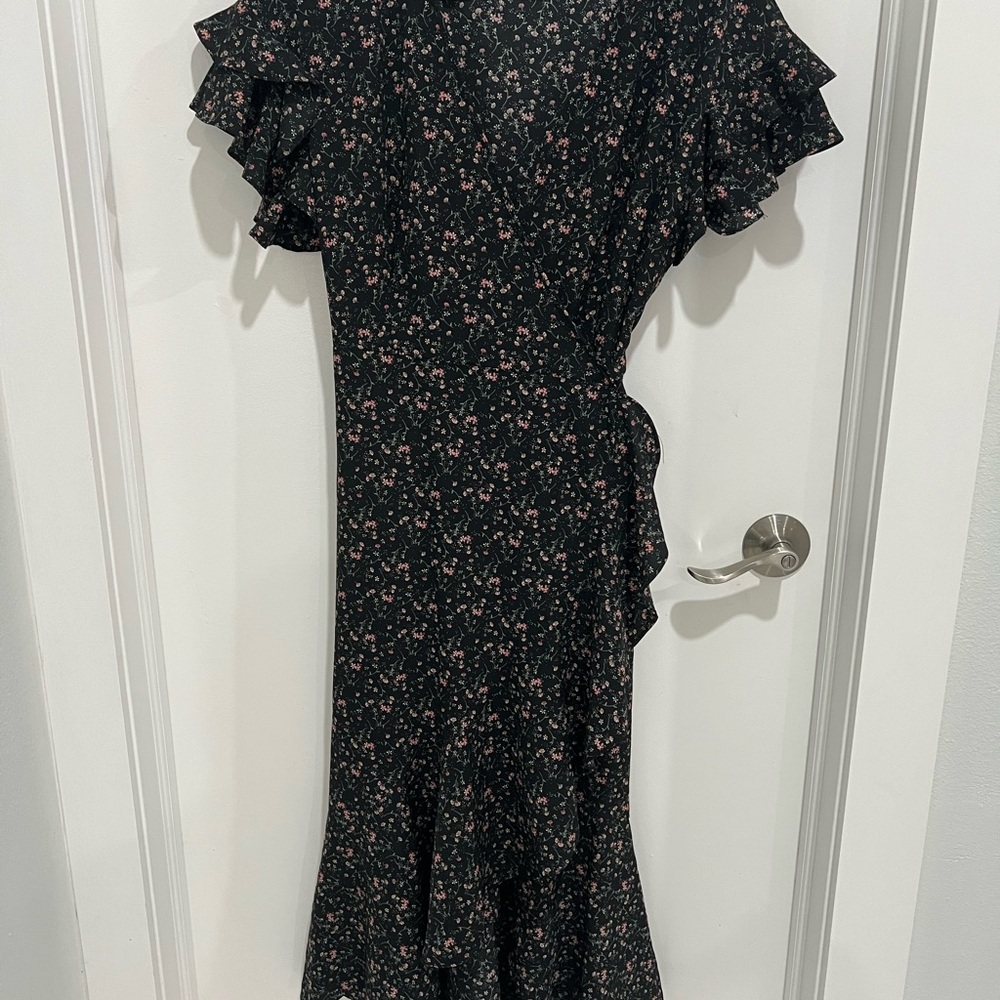 Floral Black Ruffle Sleeve Wrap Around Dress